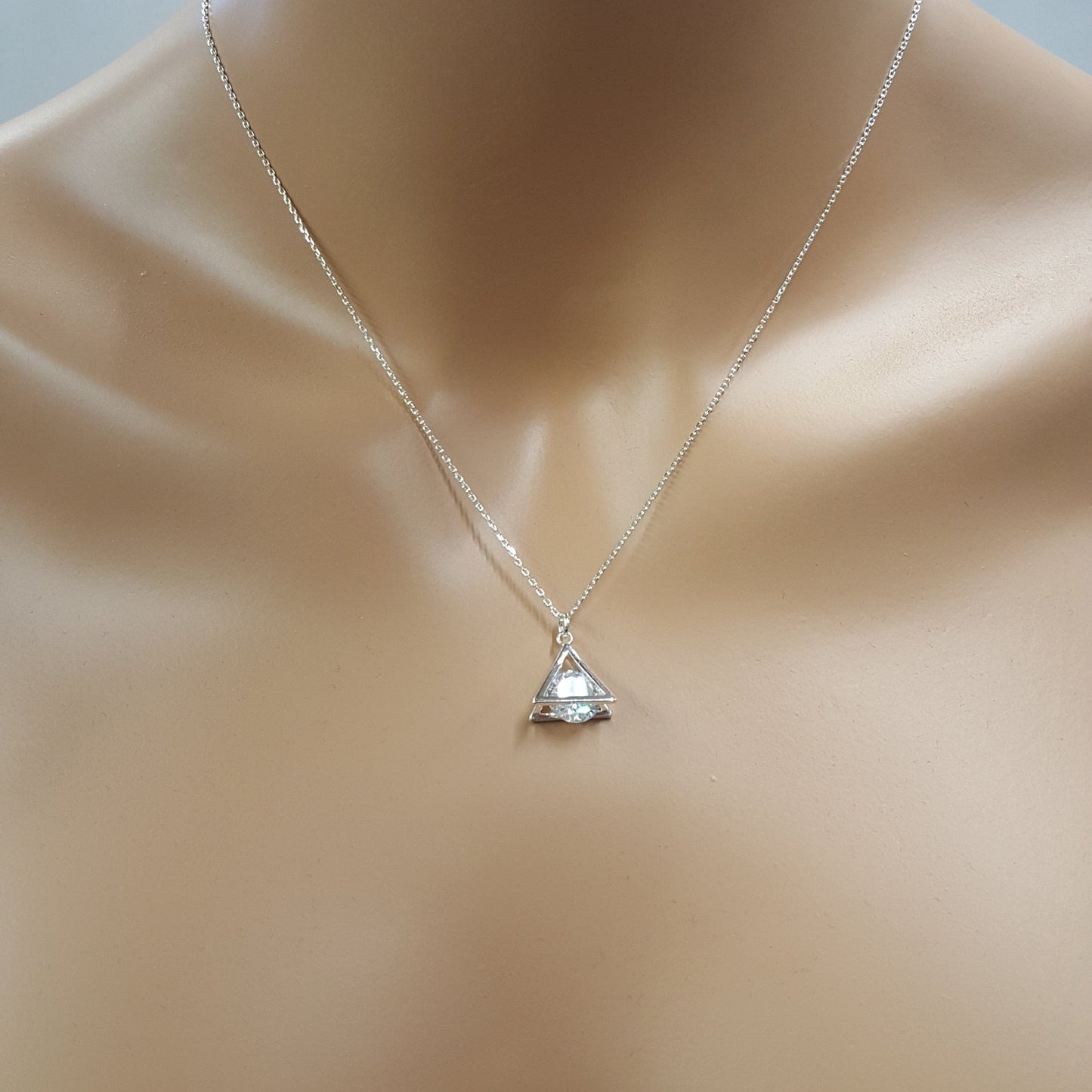 Cubic Zirconia Pyramid Necklace - Sterling Silver Dainty Pendant