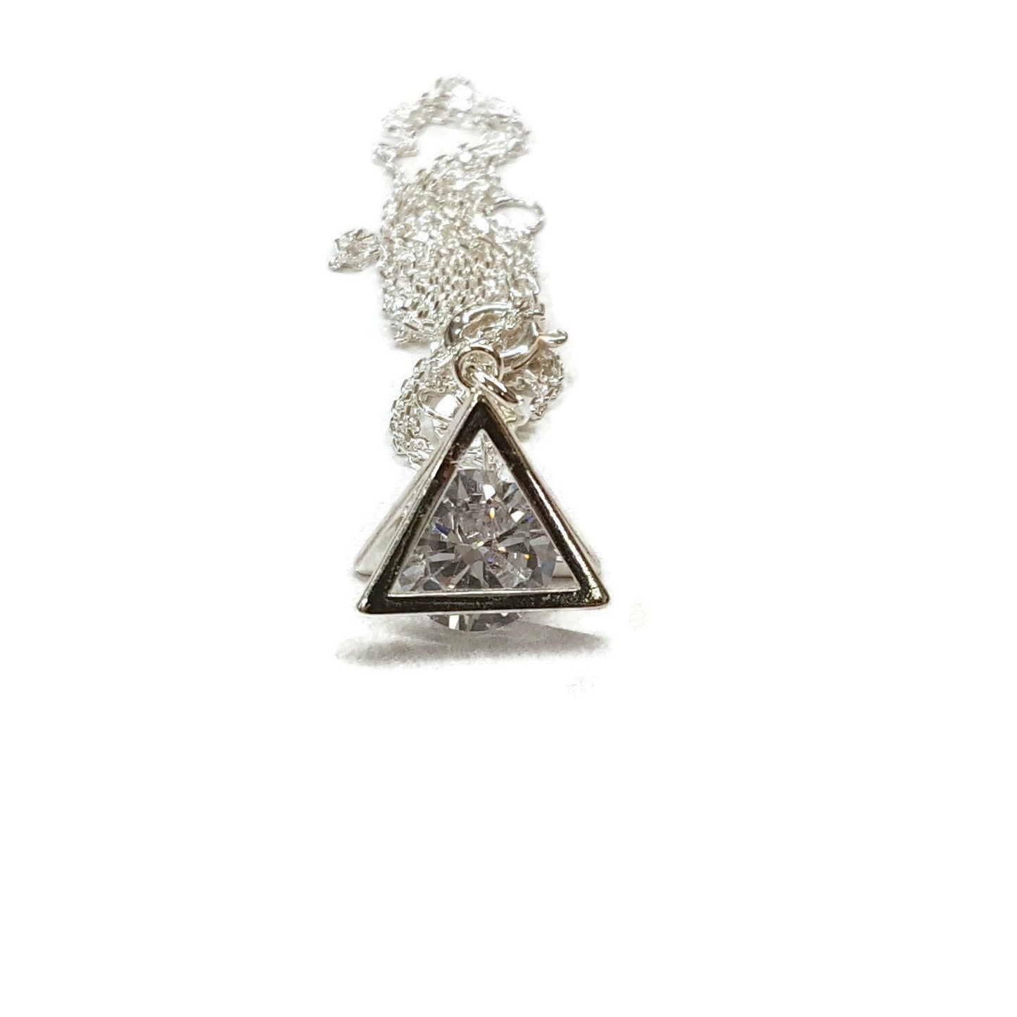 Cubic Zirconia Pyramid Necklace - Sterling Silver Dainty Pendant