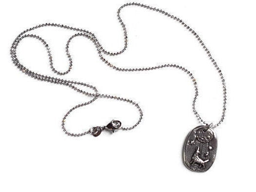 Pewter Howling Wolf Moon Pendant Necklace - Sterling Silver Chain