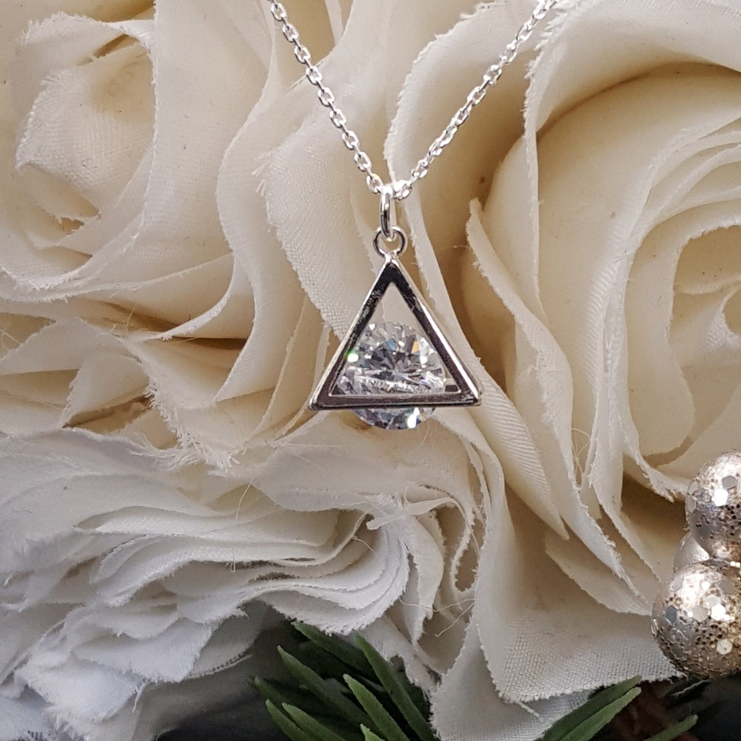 Cubic Zirconia Necklace, Pyramid Framed CZ, Sterling Silver, Dainty Necklace, Christmas Gift, Bridal Jewelry, Crystal Necklace, Wedding