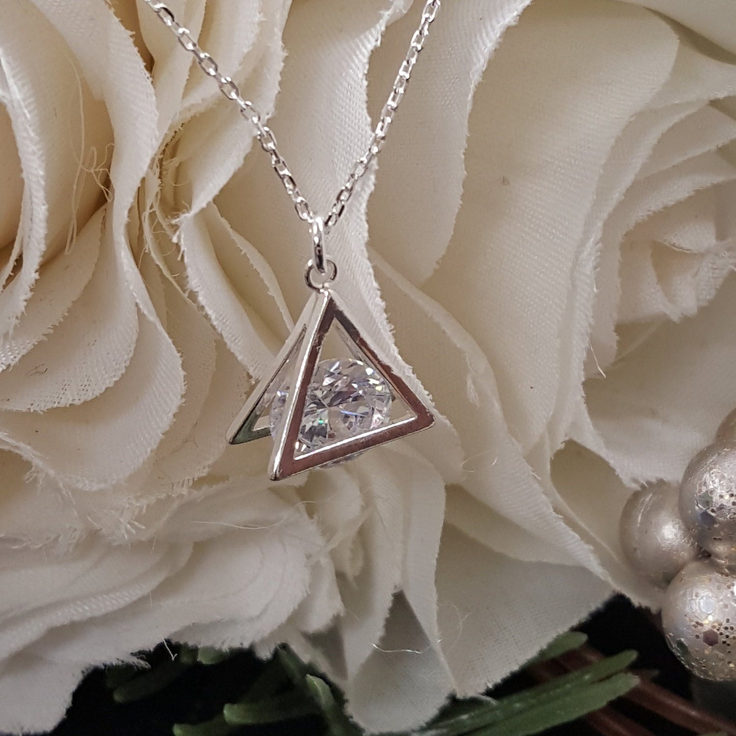 Cubic Zirconia Pyramid Necklace - Sterling Silver Dainty Pendant
