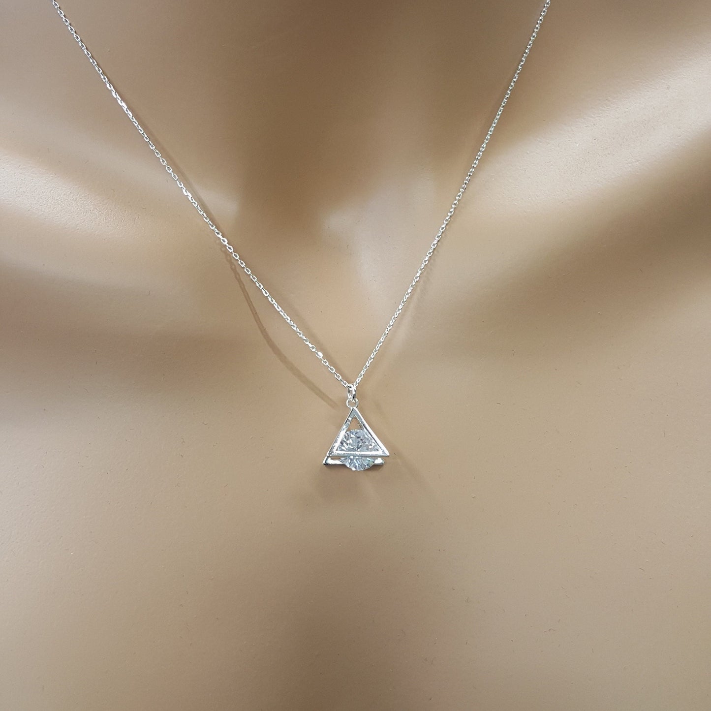 Cubic Zirconia Pyramid Necklace - Sterling Silver Dainty Pendant