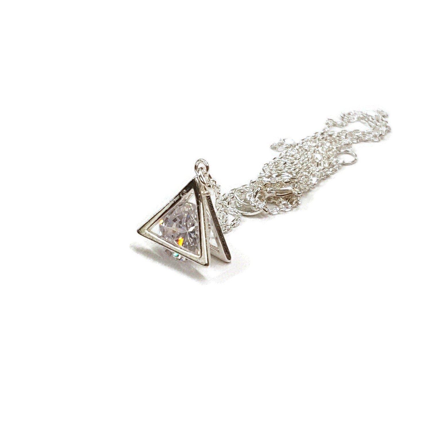 Cubic Zirconia Pyramid Necklace - Sterling Silver Dainty Pendant