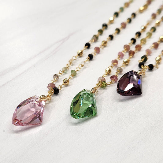 Gold Tourmaline Necklace, Austrian Crystal Pendant, Rainbow Tourmaline, Tourmaline Jewelry, Gemstone, October Birthstone, Gift For Her