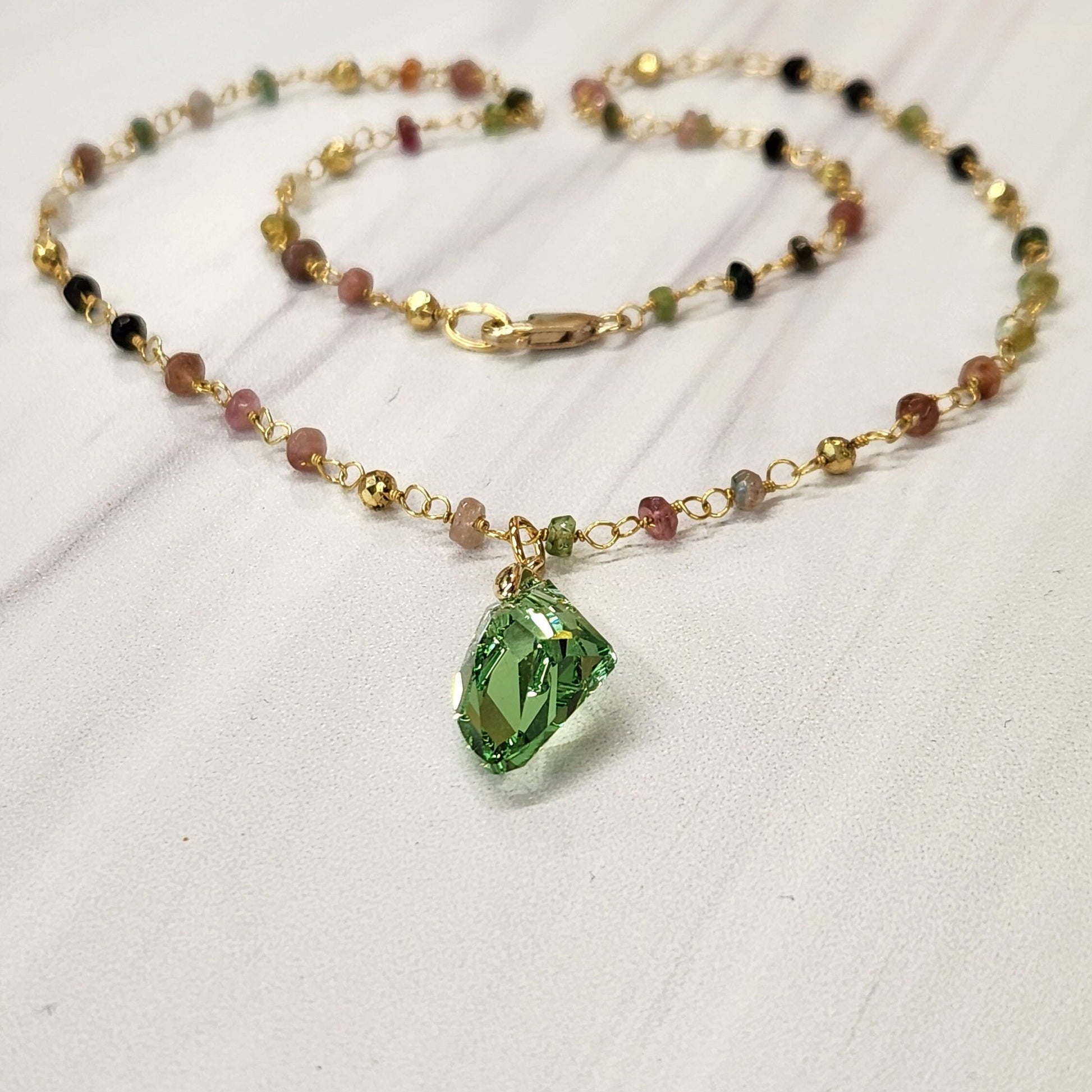 Gold Tourmaline Necklace - Austrian Crystal Gemstone Pendant