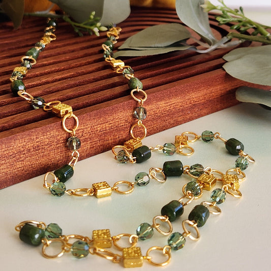 Nephrite Jade Necklace - Long Gemstone Chain with Gold & Crystal Accents