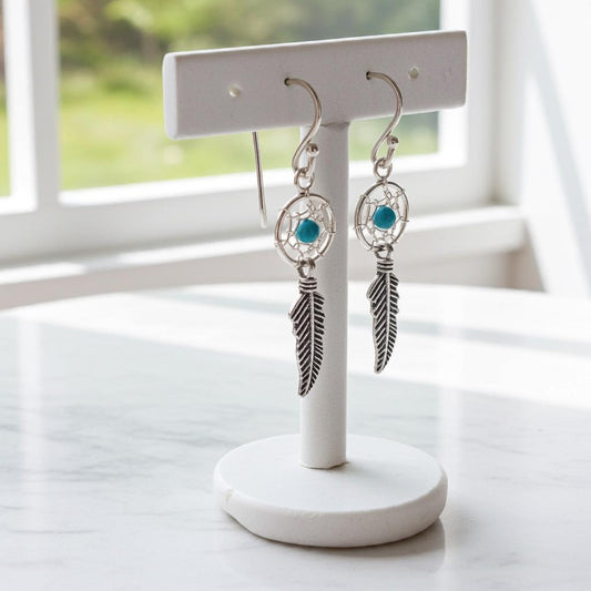 Dreamcatcher Earrings - Turquoise Earrings - Sterling Silver Earrings - Feather Earrings - Tiny Dreamcatcher Earrings - Silver Earrings