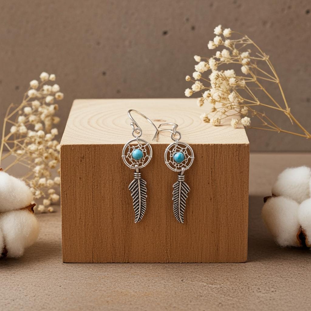 Sterling Silver Dreamcatcher Earrings - Turquoise Feather Dangles