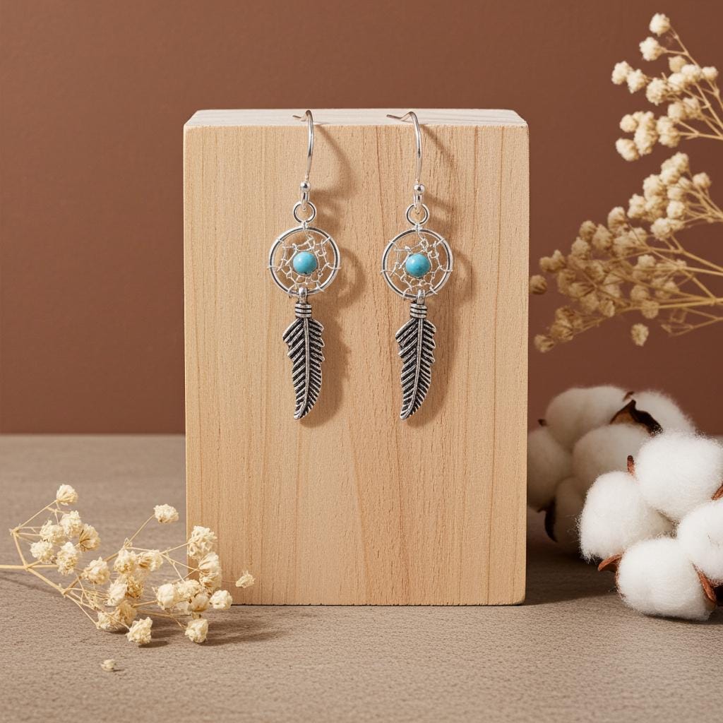 Dreamcatcher Earrings - Turquoise Earrings - Sterling Silver Earrings - Feather Earrings - Tiny Dreamcatcher Earrings - Silver Earrings