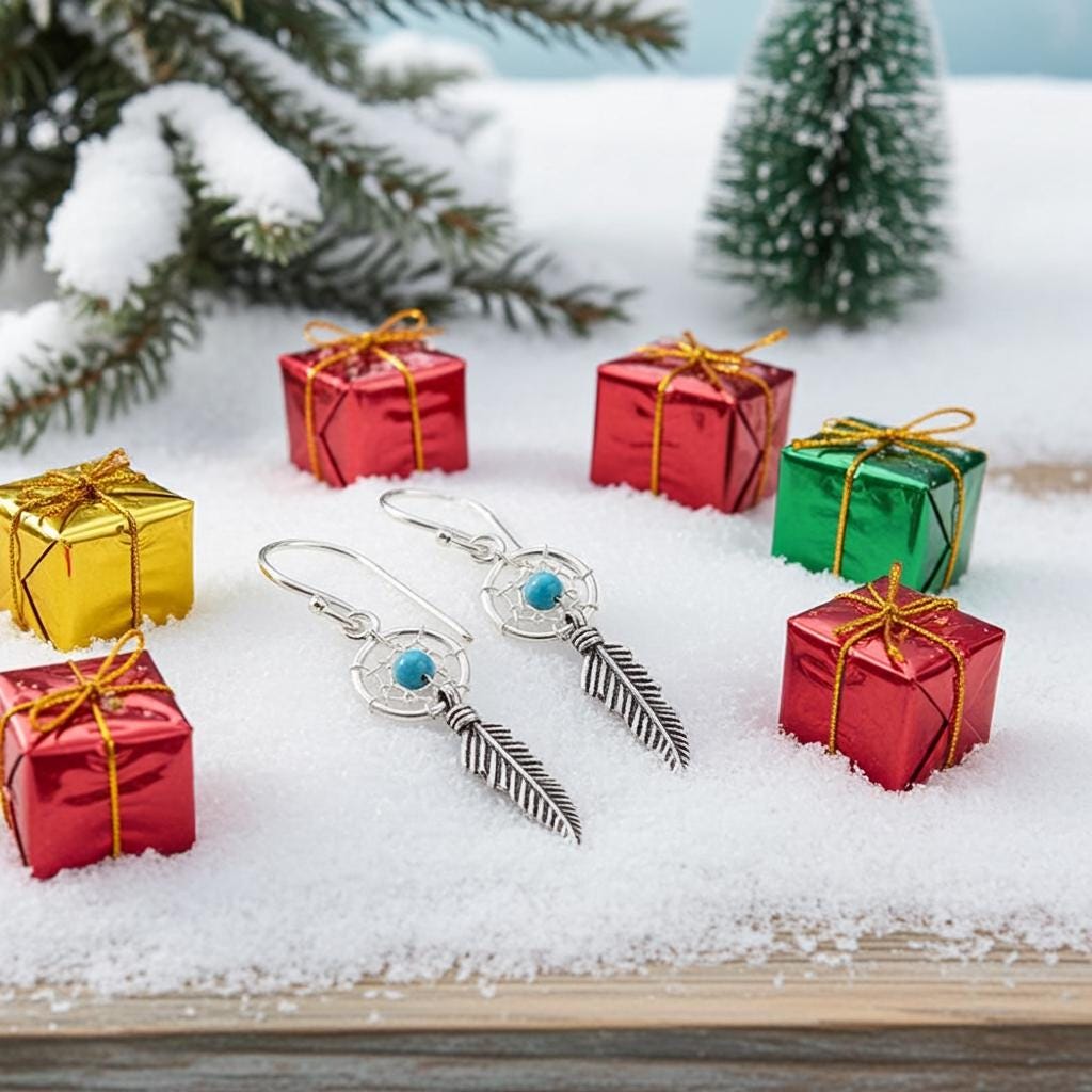 Dreamcatcher Earrings - Turquoise Earrings - Sterling Silver Earrings - Feather Earrings - Tiny Dreamcatcher Earrings - Silver Earrings