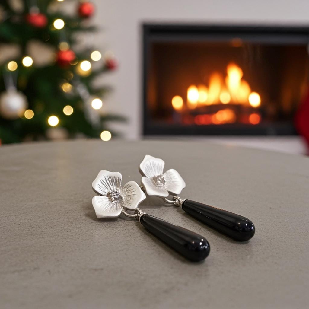 Black Onyx Teardrop Earrings - Sterling Silver Rhinestone Flower