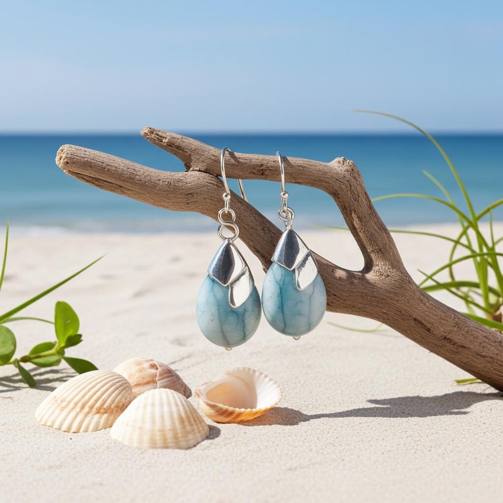 Larimar Teardrop Earrings - Sterling Silver, Handmade Gemstone Jewelry