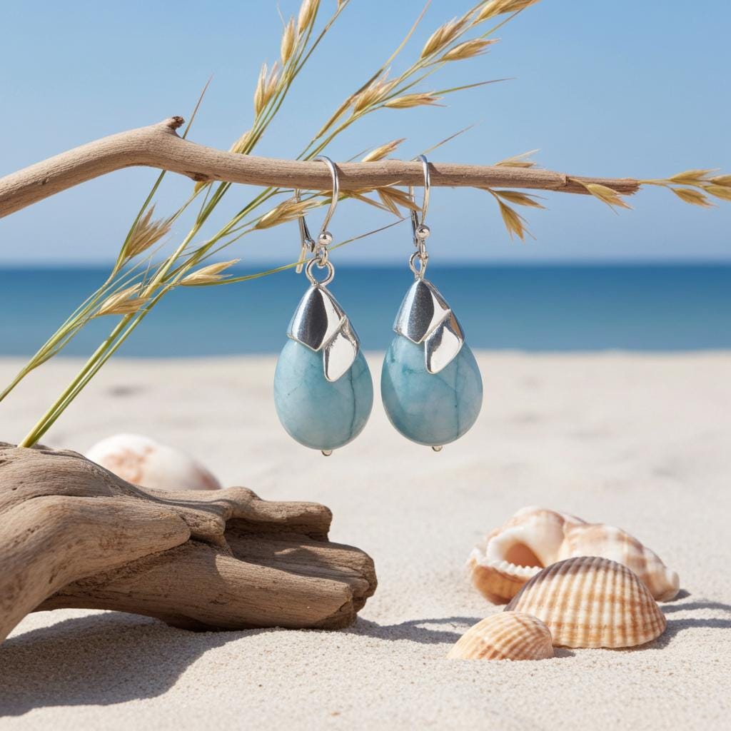 Larimar Teardrop Earrings - Sterling Silver, Handmade Gemstone Jewelry