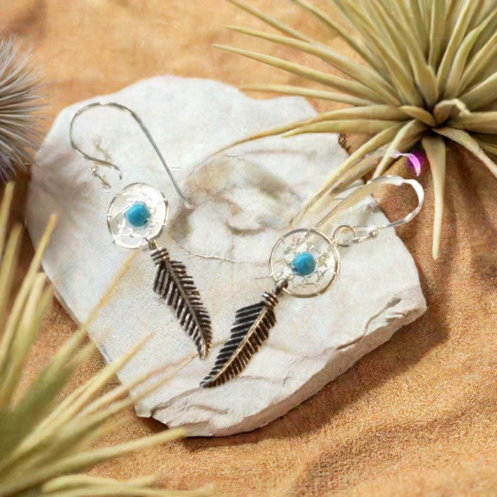 Sterling Silver Dreamcatcher Earrings - Turquoise Feather Dangles