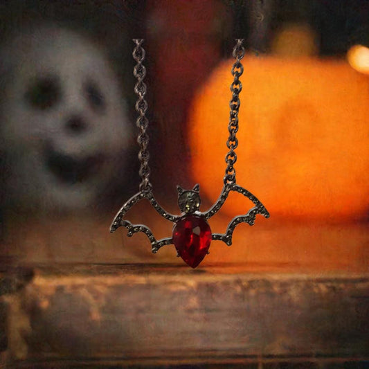 Crystal Bat Pendant - Gothic Halloween Necklace, Gunmetal Chain