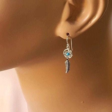 Sterling Silver Dreamcatcher Earrings - Turquoise Feather Dangles