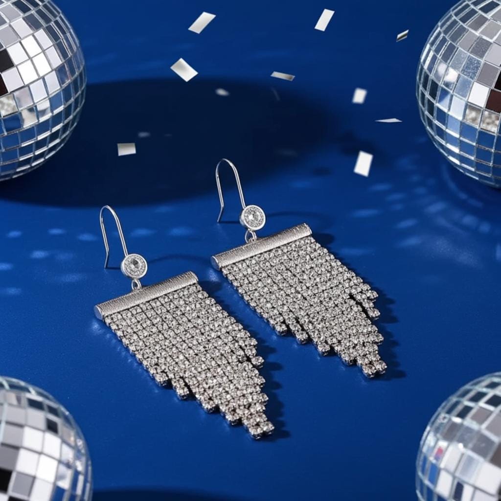 Rhinestone Waterfall Earrings - Long Silver Plated Crystal Dangles