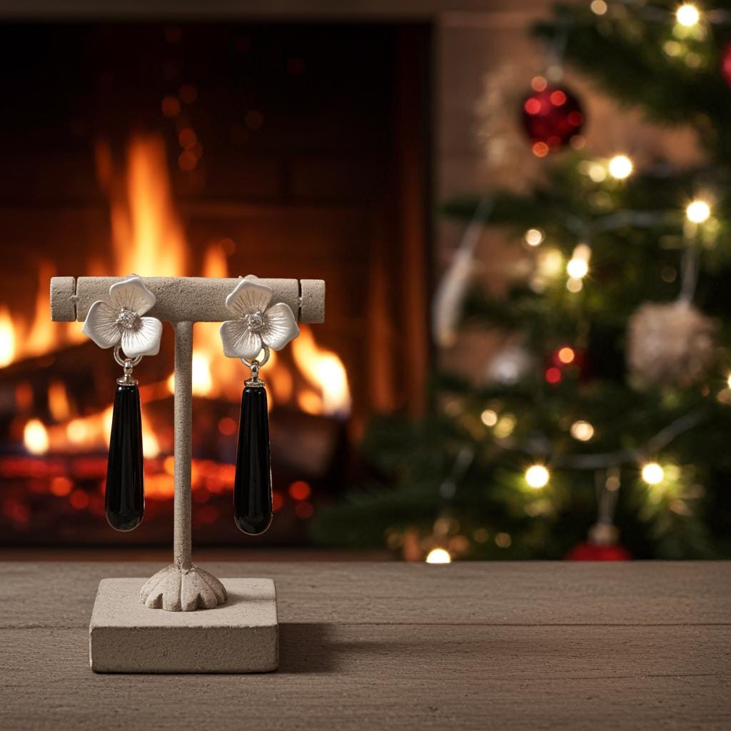 Black Onyx Teardrop Earrings - Sterling Silver Rhinestone Flower