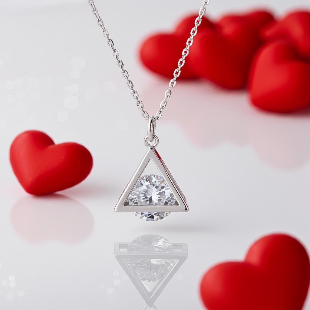 Cubic Zirconia Pyramid Necklace - Sterling Silver Dainty Pendant