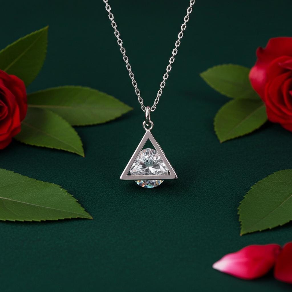 Cubic Zirconia Pyramid Necklace - Sterling Silver Dainty Pendant