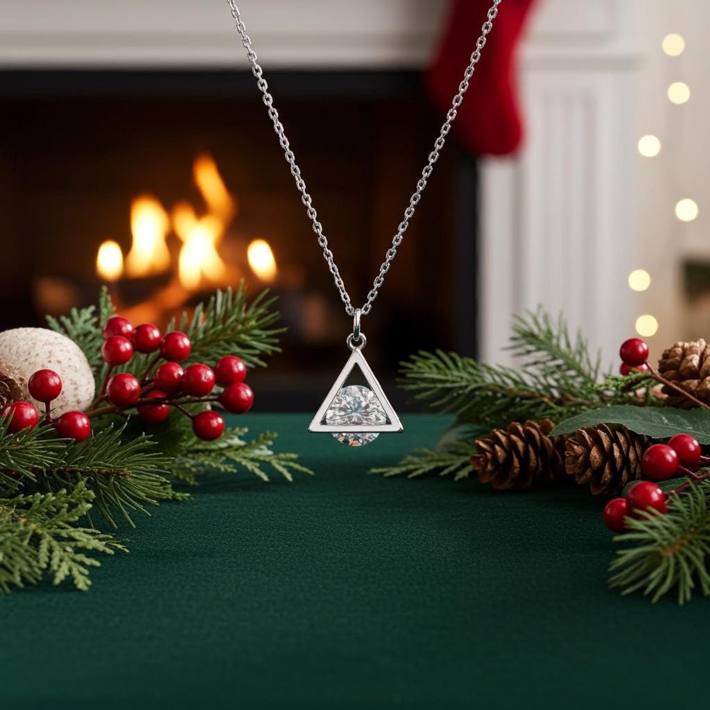 Cubic Zirconia Pyramid Necklace - Sterling Silver Dainty Pendant