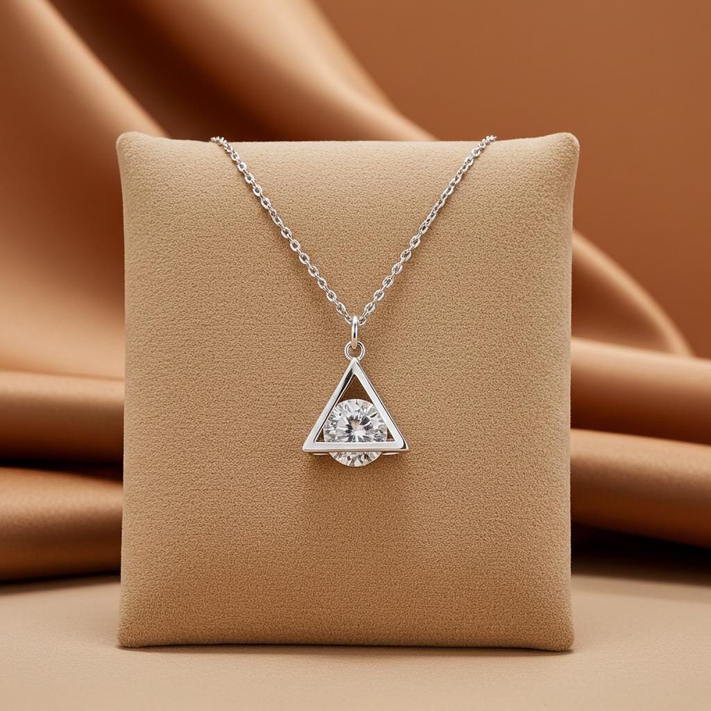 Cubic Zirconia Pyramid Necklace - Sterling Silver Dainty Pendant