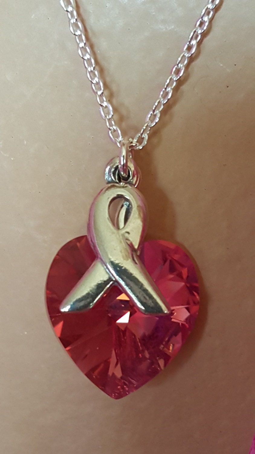 Crystal Heart Pendant - Cancer Awareness Ribbon Pendant - Heart Crystal Necklace - Pink Heart Pendant - Pink Pendant - Breast Cancer