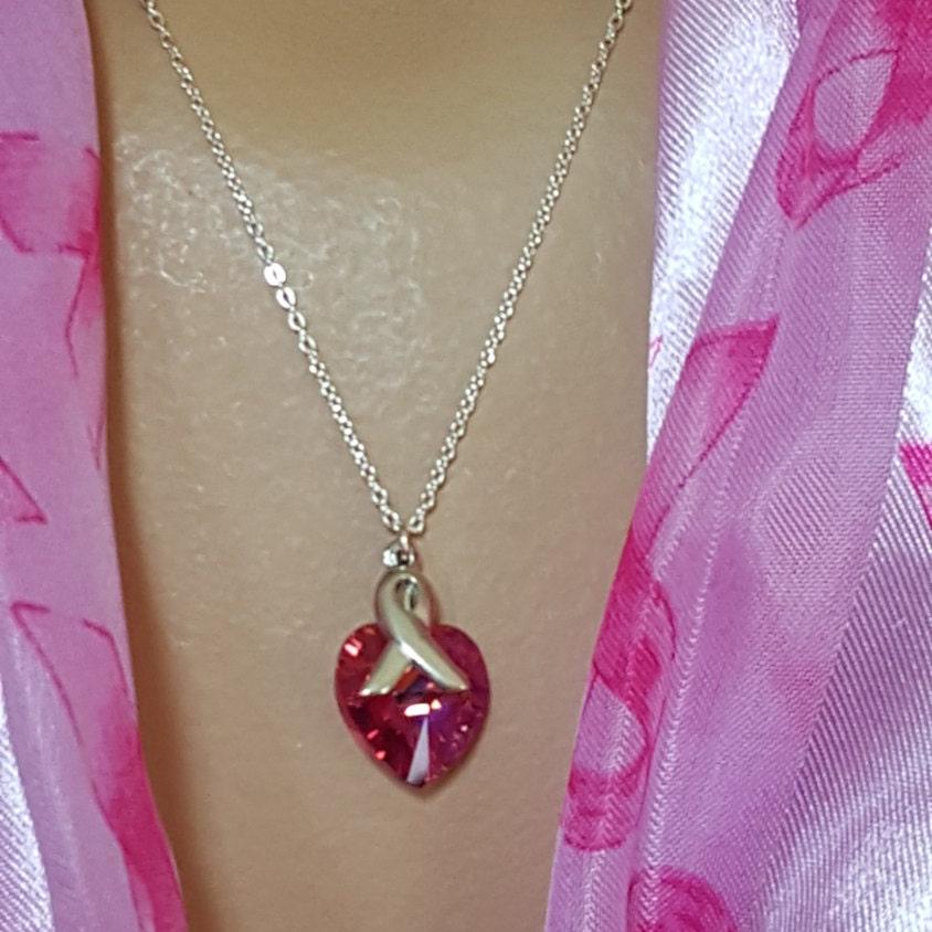 Crystal Heart Pendant - Cancer Awareness Ribbon Pendant - Heart Crystal Necklace - Pink Heart Pendant - Pink Pendant - Breast Cancer