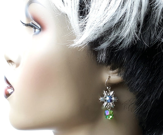 Peridot & Sapphire Crystal Star Earrings - Sterling Silver